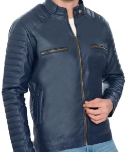 mens-blue-faux-leather-pattern-sleeve-jacket