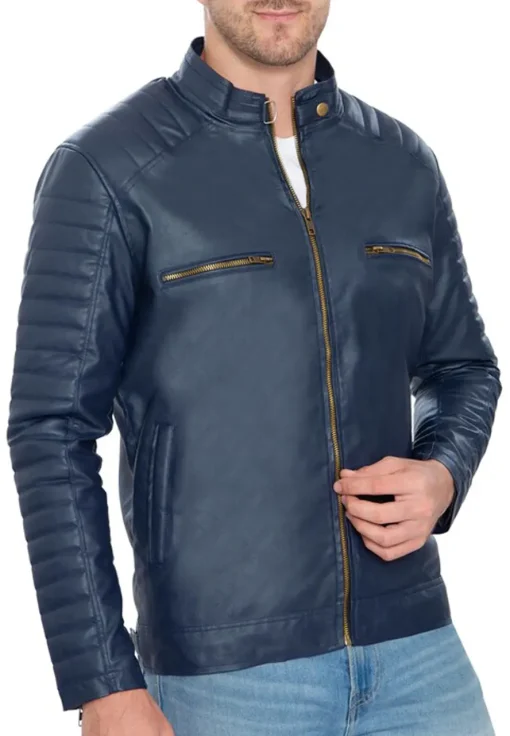 mens-blue-faux-leather-pattern-sleeve-jacket
