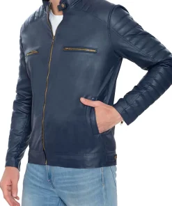 mens-blue-faux-leather-pattern-sleeve-jacket