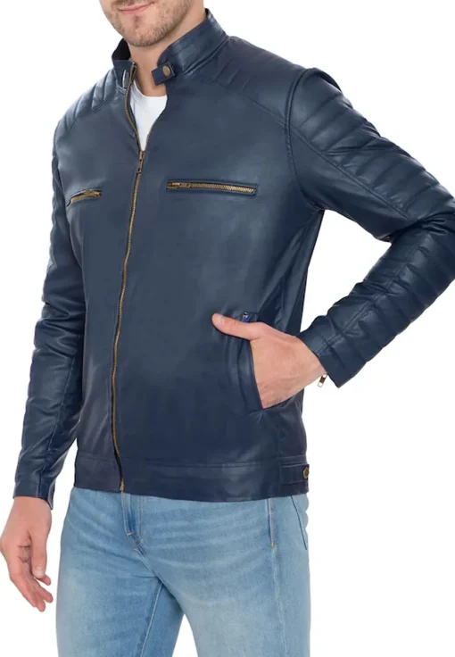 mens-blue-faux-leather-pattern-sleeve-jacket