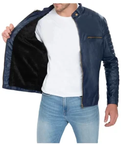 mens-blue-faux-leather-pattern-sleeve-jacket