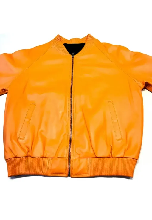 mens-bomber-orange-faux-leather-jacket