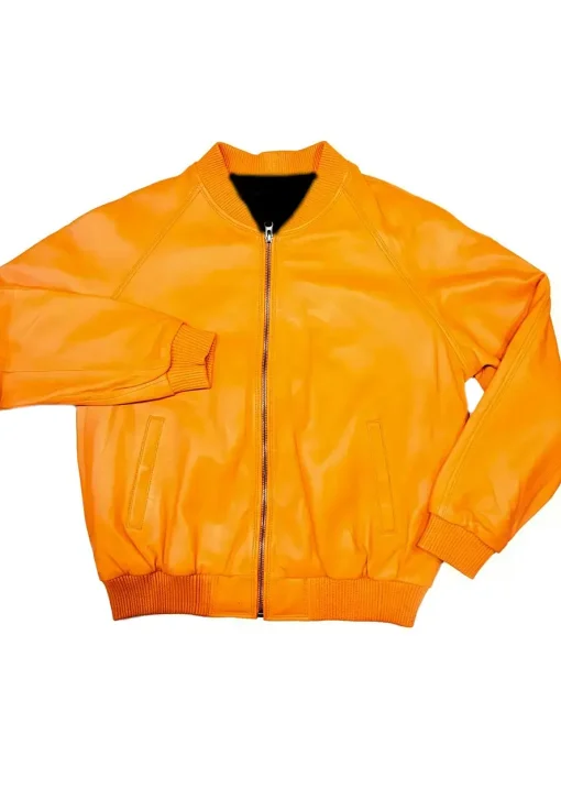 mens-bomber-orange-faux-leather-jacket