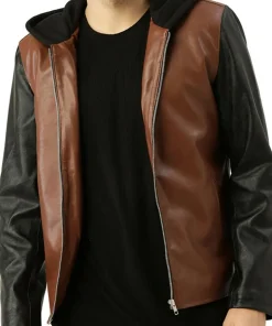 mens-brown-and-black-faux-leather-hooded-biker-jacket