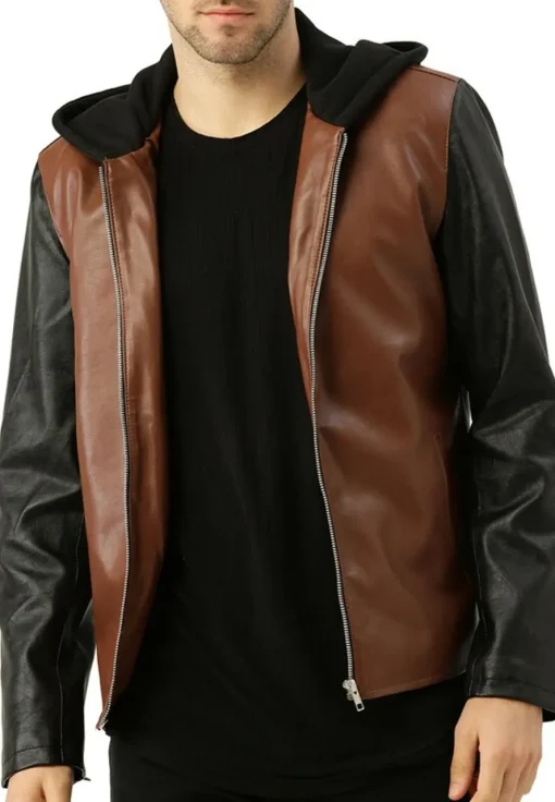 mens-brown-and-black-faux-leather-hooded-biker-jacket