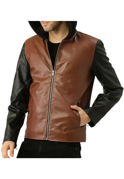 mens-brown-and-black-faux-leather-hooded-biker-jacket