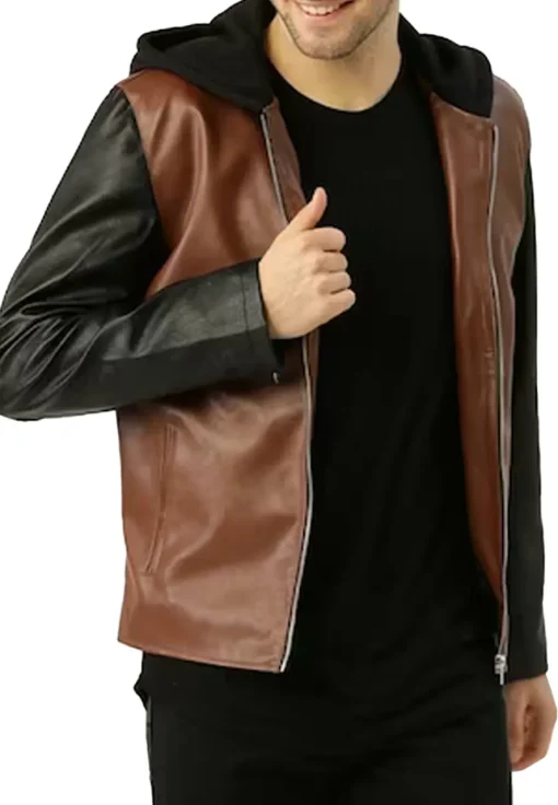 mens-brown-and-black-faux-leather-hooded-biker-jacket