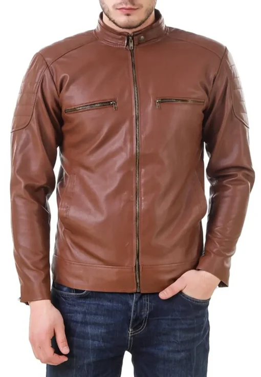 mens-brown-faux-leather-band-collar-biker-jacket