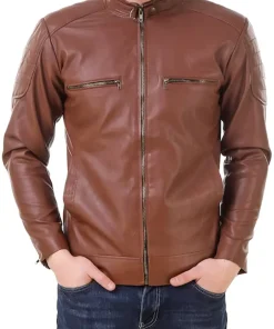 mens-brown-faux-leather-band-collar-biker-jacket