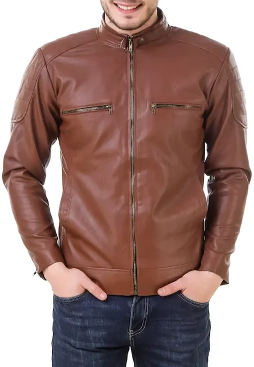 mens-brown-faux-leather-band-collar-biker-jacket