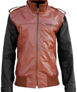 mens-brown-faux-leather-bomber-jacket-with-black-sleeves
