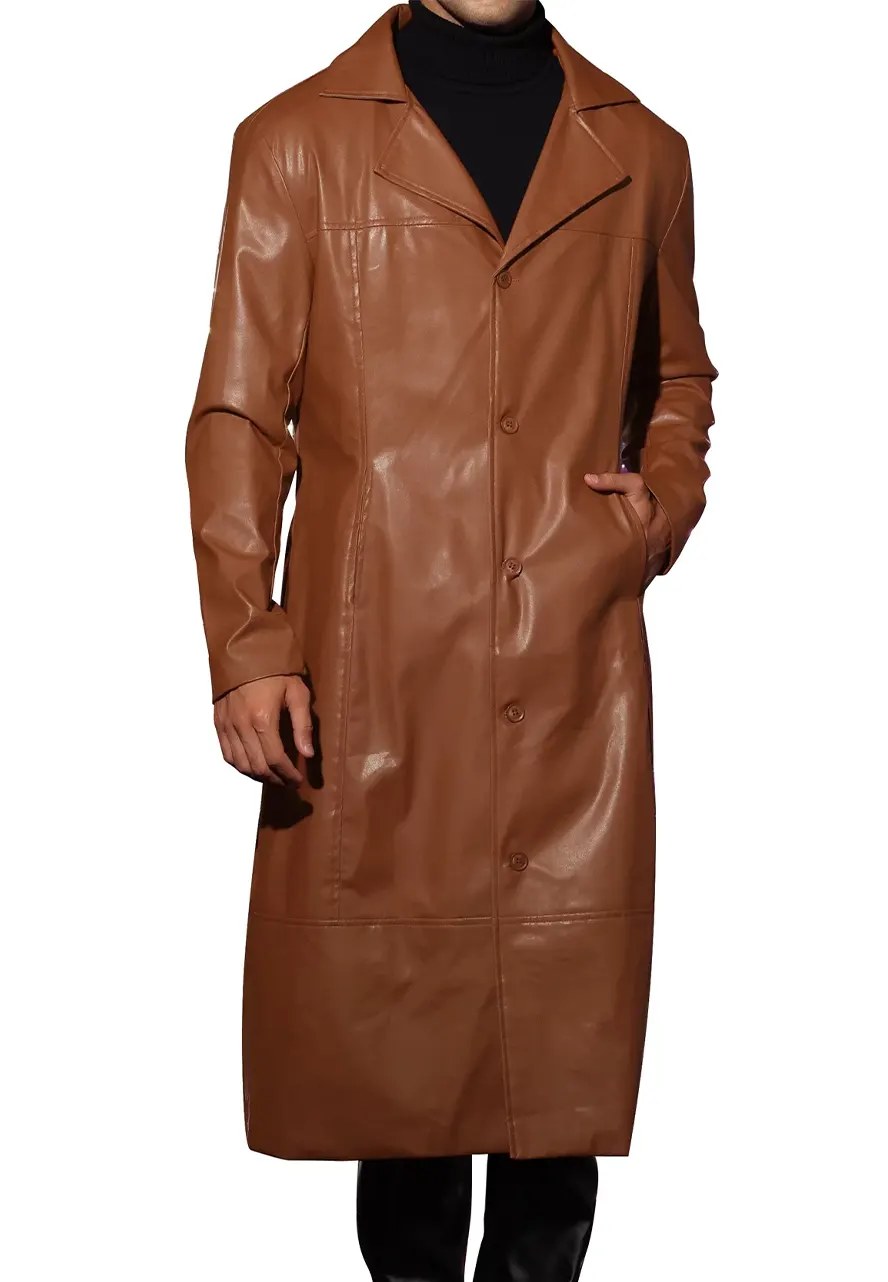 Men’s Brown Faux Leather Long Trench Coat 1 mens-brown-faux-leather-long-trench-coat