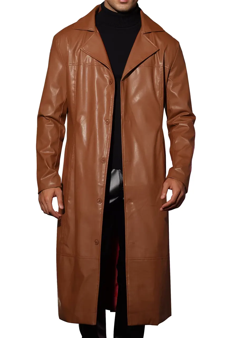 Men’s Brown Faux Leather Long Trench Coat 3 mens-brown-faux-leather-long-trench-coat