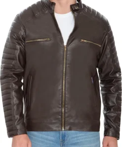 mens-brown-faux-leather-pattern-sleeve-jacket