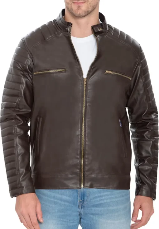 mens-brown-faux-leather-pattern-sleeve-jacket
