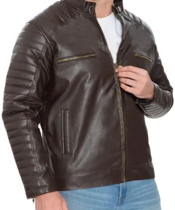 mens-brown-faux-leather-pattern-sleeve-jacket
