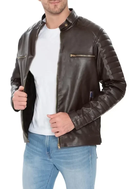 mens-brown-faux-leather-pattern-sleeve-jacket