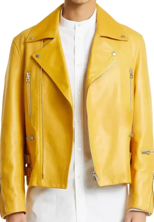 mens-notched-collar-yellow-faux-leather-biker-jacket