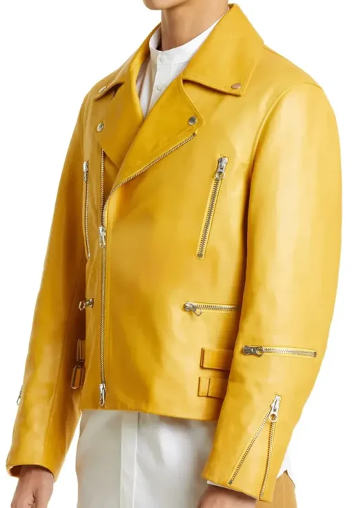 mens-notched-collar-yellow-faux-leather-biker-jacket