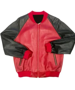 mens-red-faux-leather-bomber-jacket-with-black-sleeves