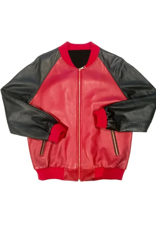 mens-red-faux-leather-bomber-jacket-with-black-sleeves