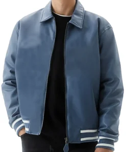 mens-shirt-collar-blue-bomber-faux-leather-jacket