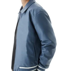 mens-shirt-collar-blue-bomber-faux-leather-jacket