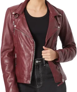 womens-biker-lapel-collar-burgundy-faux-leather-jacket
