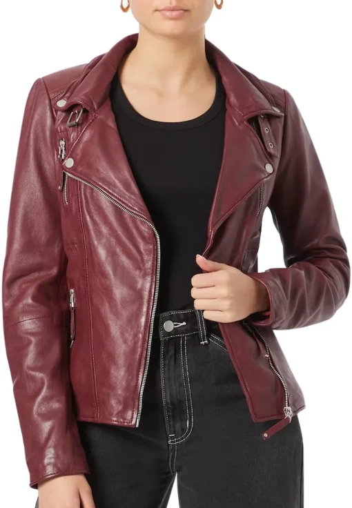 womens-biker-lapel-collar-burgundy-faux-leather-jacket