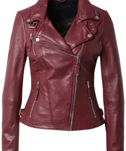 womens-biker-lapel-collar-burgundy-faux-leather-jacket