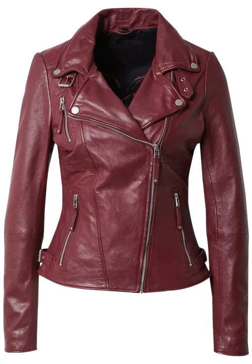 womens-biker-lapel-collar-burgundy-faux-leather-jacket