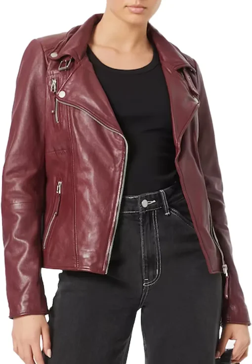 womens-biker-lapel-collar-burgundy-faux-leather-jacket