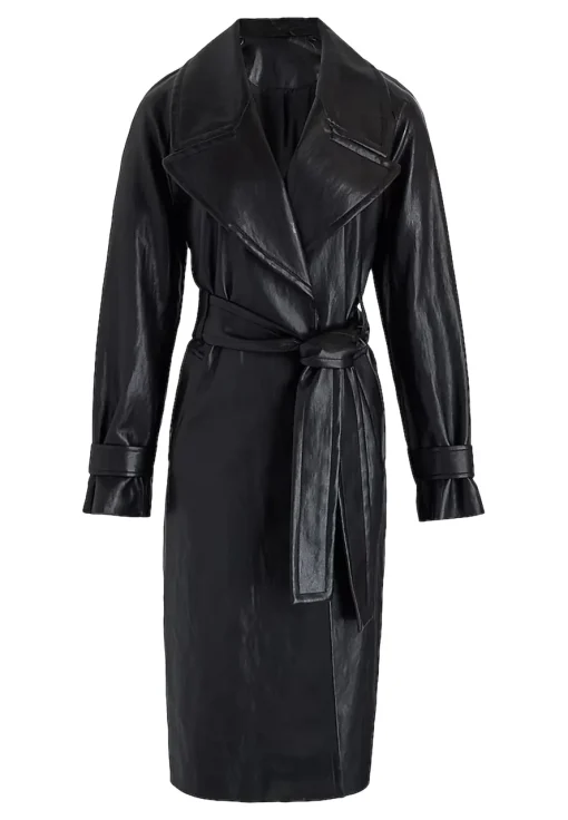 womens-black-faux-leather-belted-trench-coat