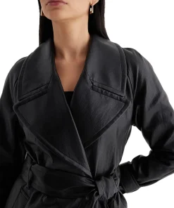 womens-black-faux-leather-belted-trench-coat
