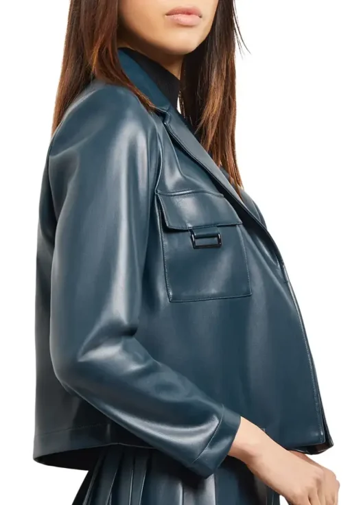 womens-blue-faux-leather-crop-blazer
