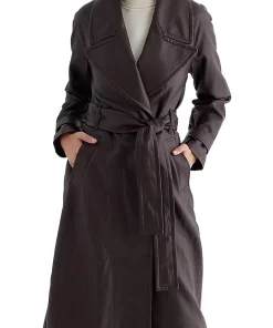 womens-brown-faux-leather-belted-trench-coat