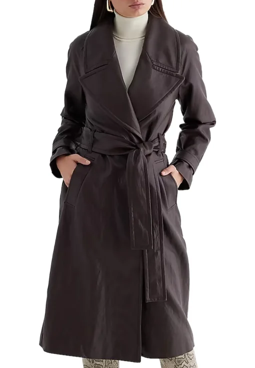 womens-brown-faux-leather-belted-trench-coat