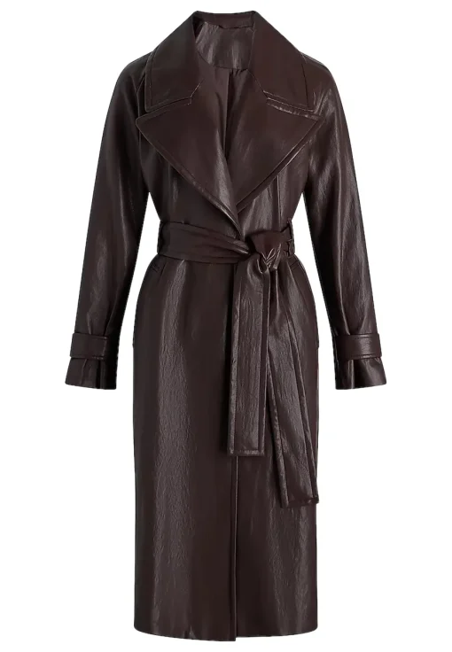 womens-brown-faux-leather-belted-trench-coat