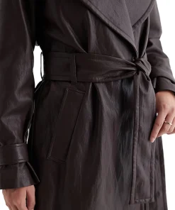 womens-brown-faux-leather-belted-trench-coat
