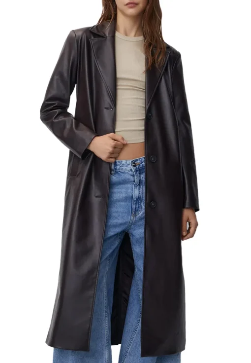 womens-chocolate-brown-faux-leather-trench-coat