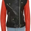 womens-collarless-black-faux-leather-biker-jacket-with-red-sleeves