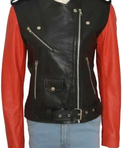 womens-collarless-black-faux-leather-biker-jacket-with-red-sleeves