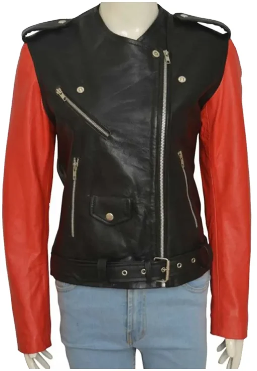 womens-collarless-black-faux-leather-biker-jacket-with-red-sleeves