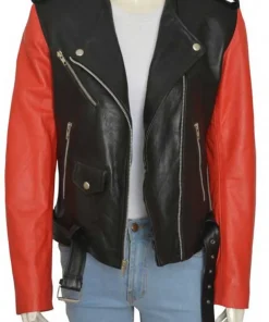 womens-collarless-black-faux-leather-biker-jacket-with-red-sleeves