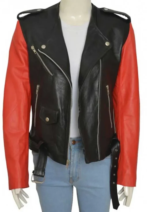 womens-collarless-black-faux-leather-biker-jacket-with-red-sleeves