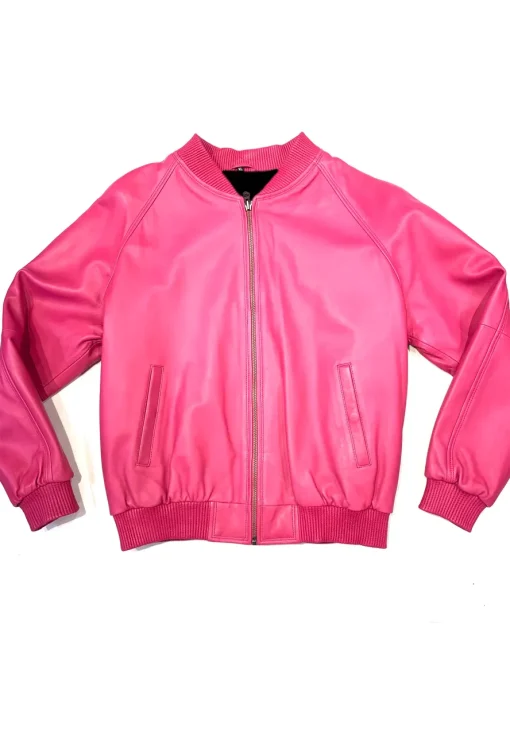womens-faux-leather-pink-bomber-jacket