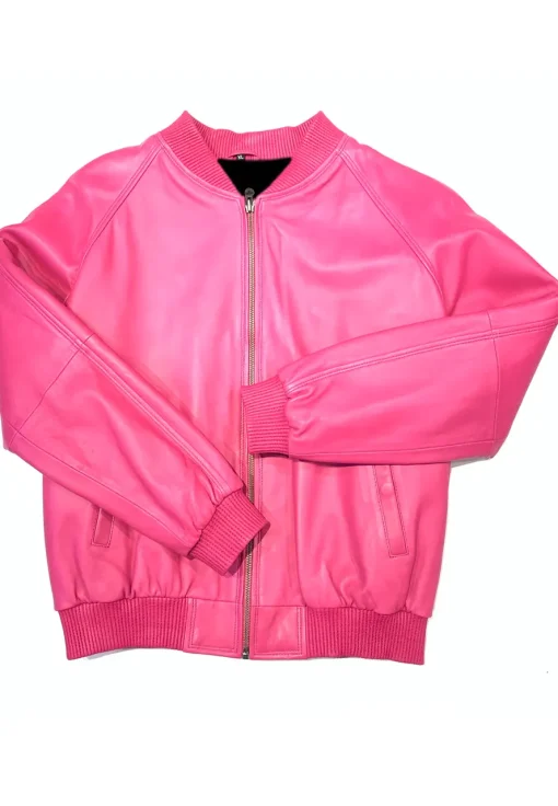 womens-faux-leather-pink-bomber-jacket