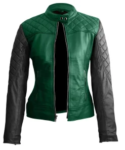 womens-green-quilted-faux-leather-jacket-with-black-sleeves