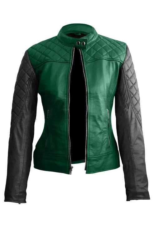womens-green-quilted-faux-leather-jacket-with-black-sleeves