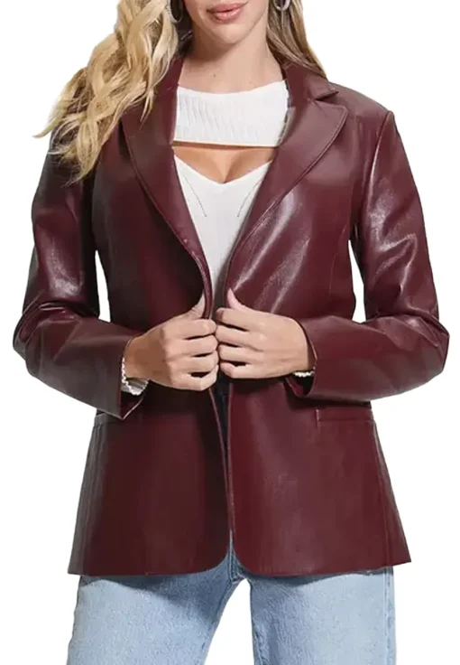 womens-maroon-faux-leather-blazer